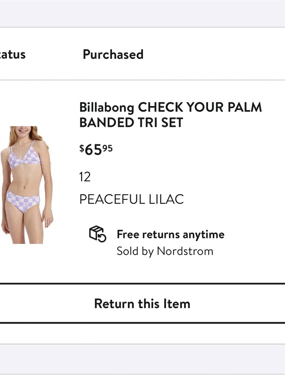Billabong Kids Bikini Purple White Palm Set $66 Size 12 Nordstrom Vineyard Vine